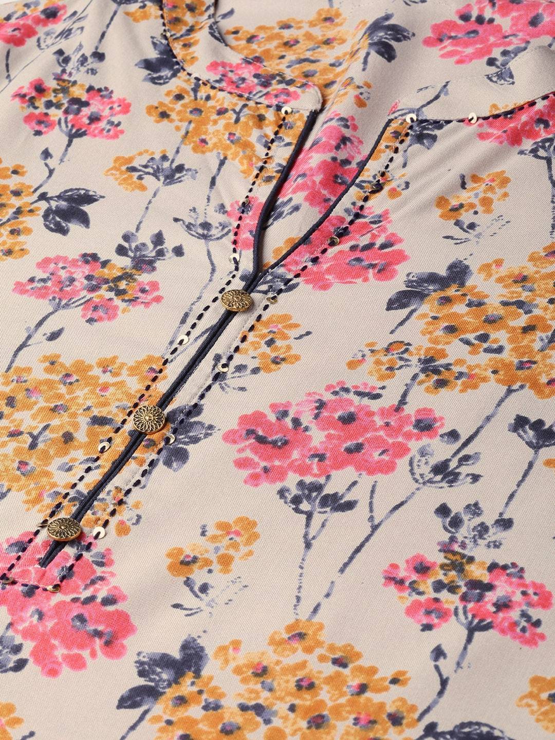 Women's  Cream-Coloured & Navy Blue Printed Kurta with Palazzos