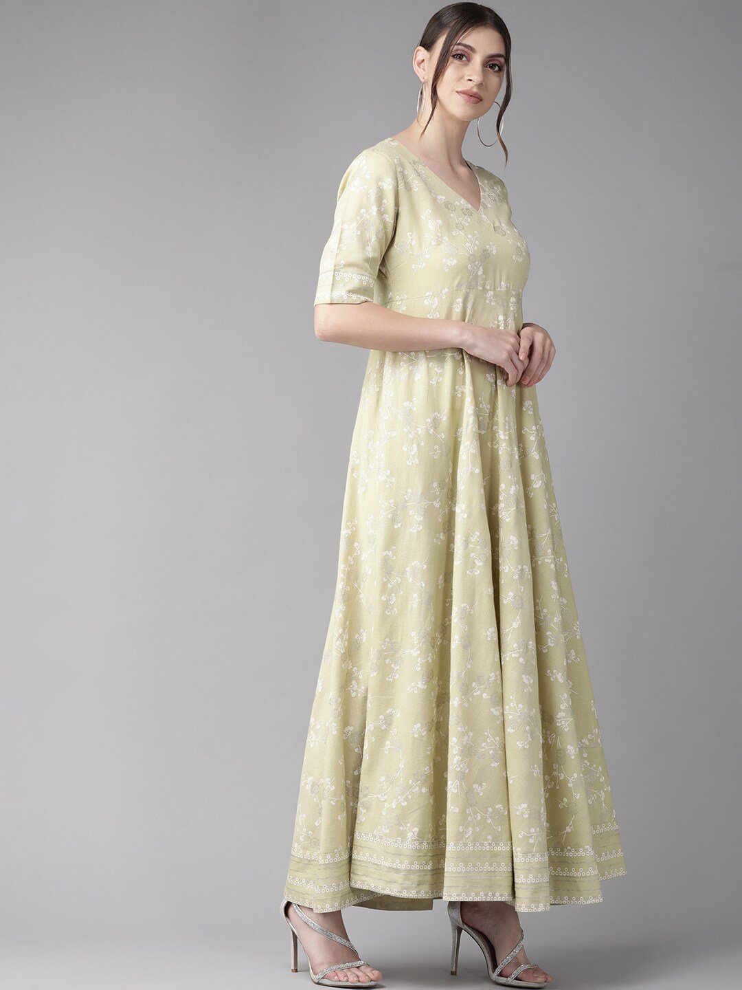 Women's  Beige & White Khari Print Bias Cut Maxi Dress