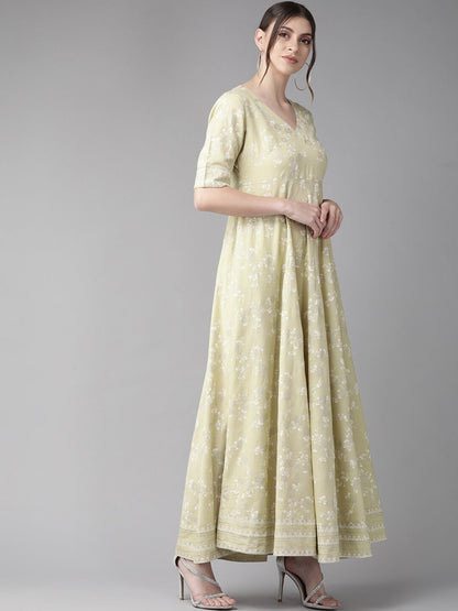 Women's  Beige & White Khari Print Bias Cut Maxi Dress