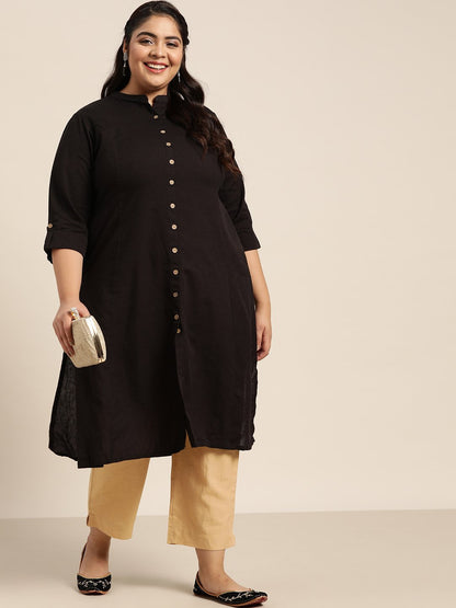 Women's Gold Cotton Solid Straight Pants