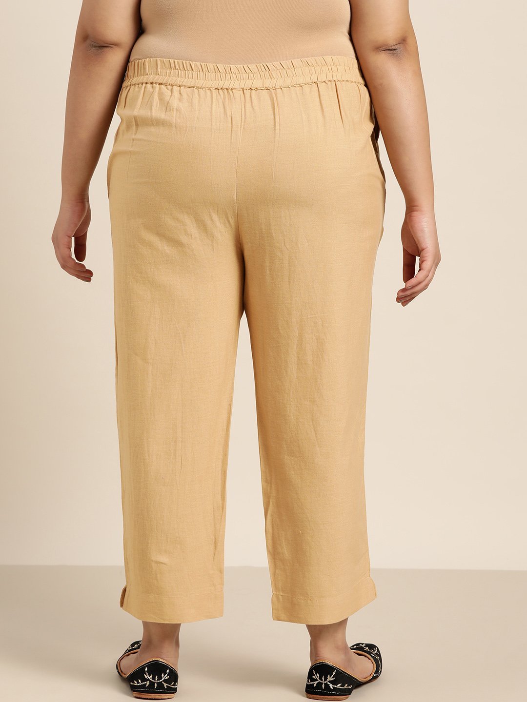 Women's Gold Cotton Solid Straight Pants