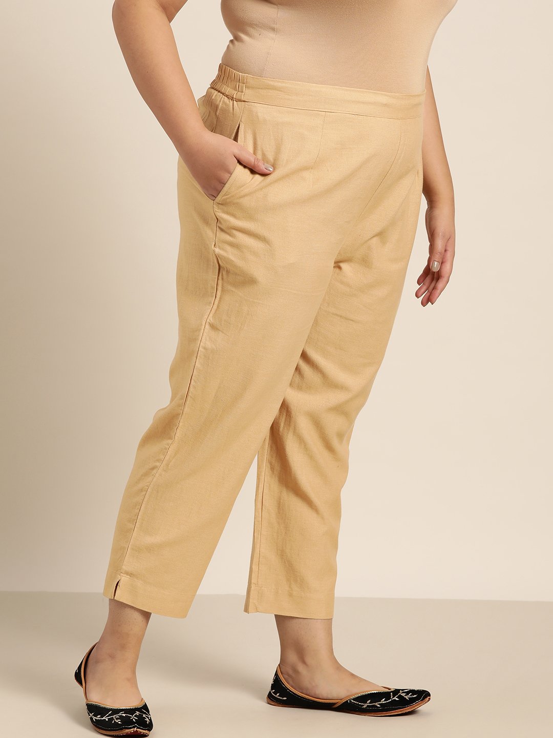 Women's Gold Cotton Solid Straight Pants