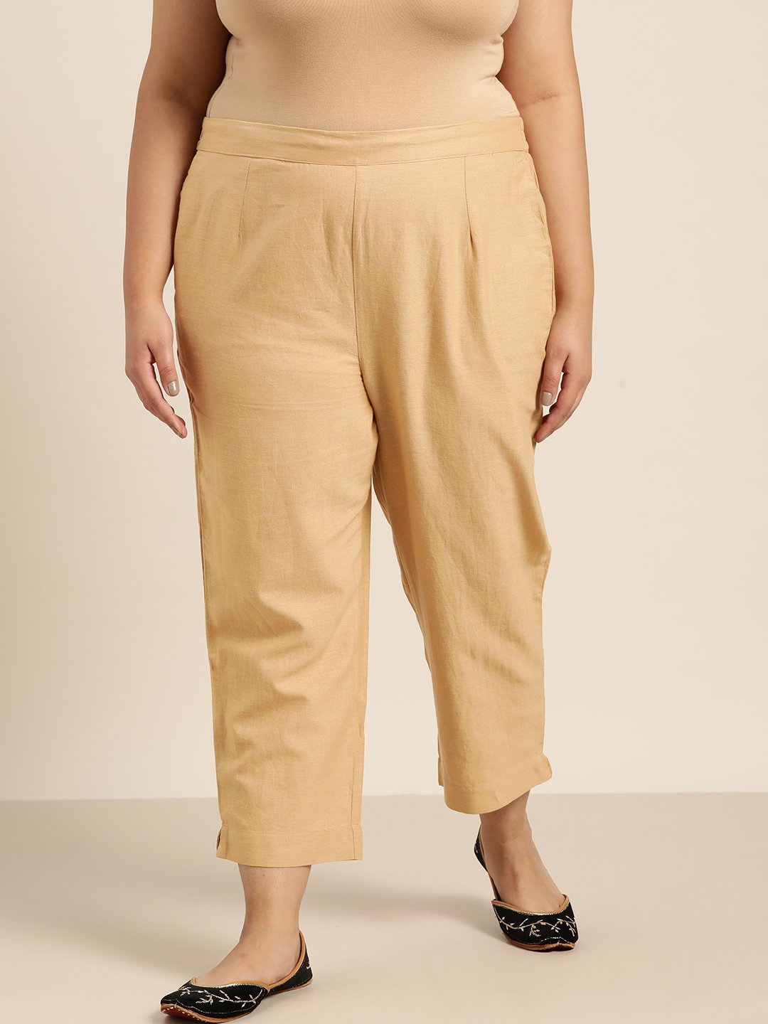 Women's Gold Cotton Solid Straight Pants
