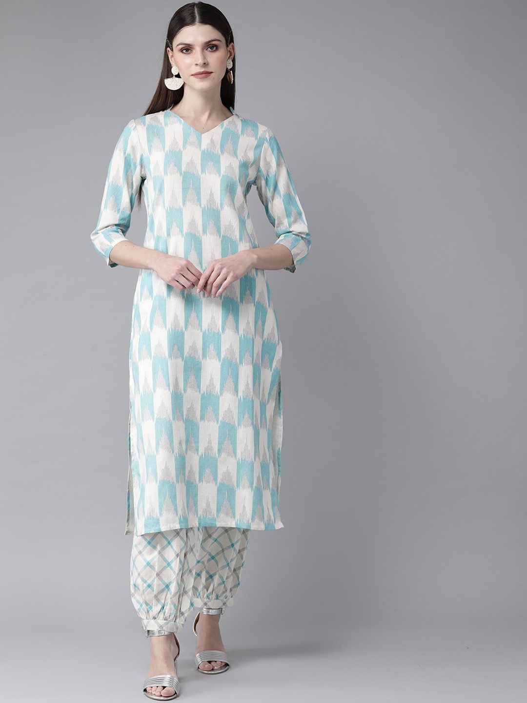 Women's  Blue & White Ikat Print Kurta with Balloon Pant