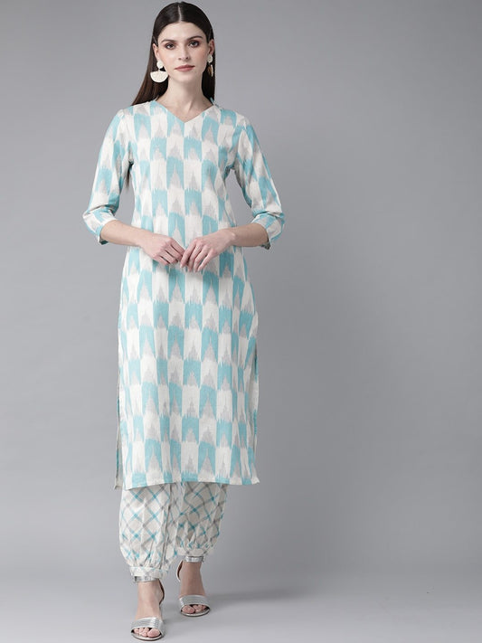 Women's  Blue & White Ikat Print Kurta with Balloon Pant