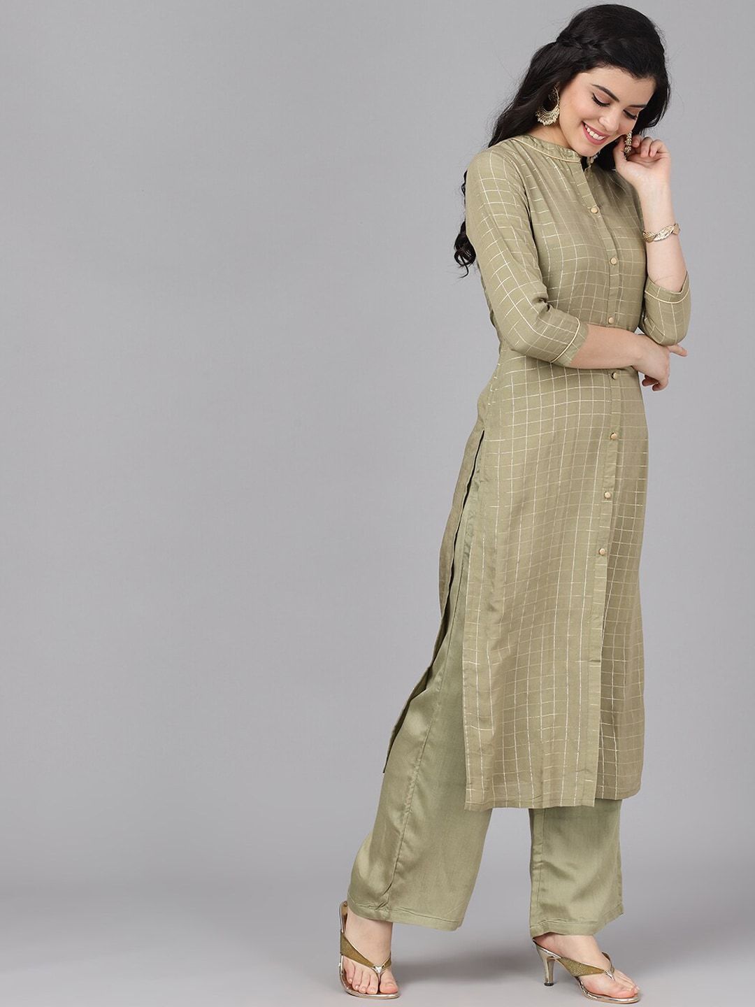 Women's  Olive Green & Gold-Coloured Printed Kurti with Palazzos