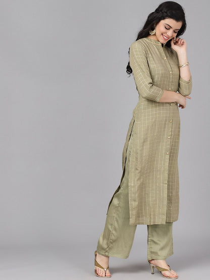 Women's  Olive Green & Gold-Coloured Printed Kurti with Palazzos