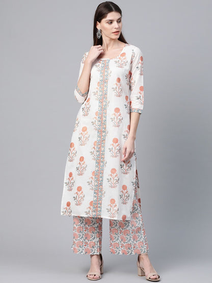 Women's  White & Pink Floral Foil Print Kurta with Palazzos