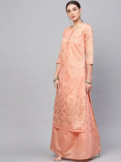Women's Peach Gold Printed Kurta With Skirt