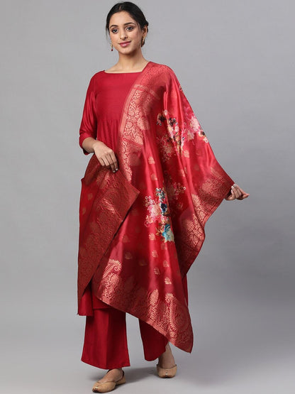 Women's  Maroon & Off-White Printed Kurta with Palazzos & Dupatta