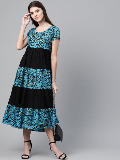 Women's  Blue & Black Animal Printed A-Line Tiered Dress
