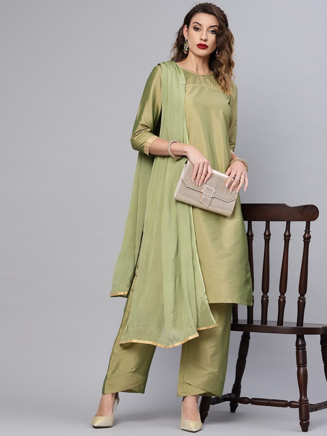 Women's  Olive Green Solid Kurta with Palazzos & Dupatta