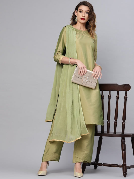 Women's  Olive Green Solid Kurta with Palazzos & Dupatta