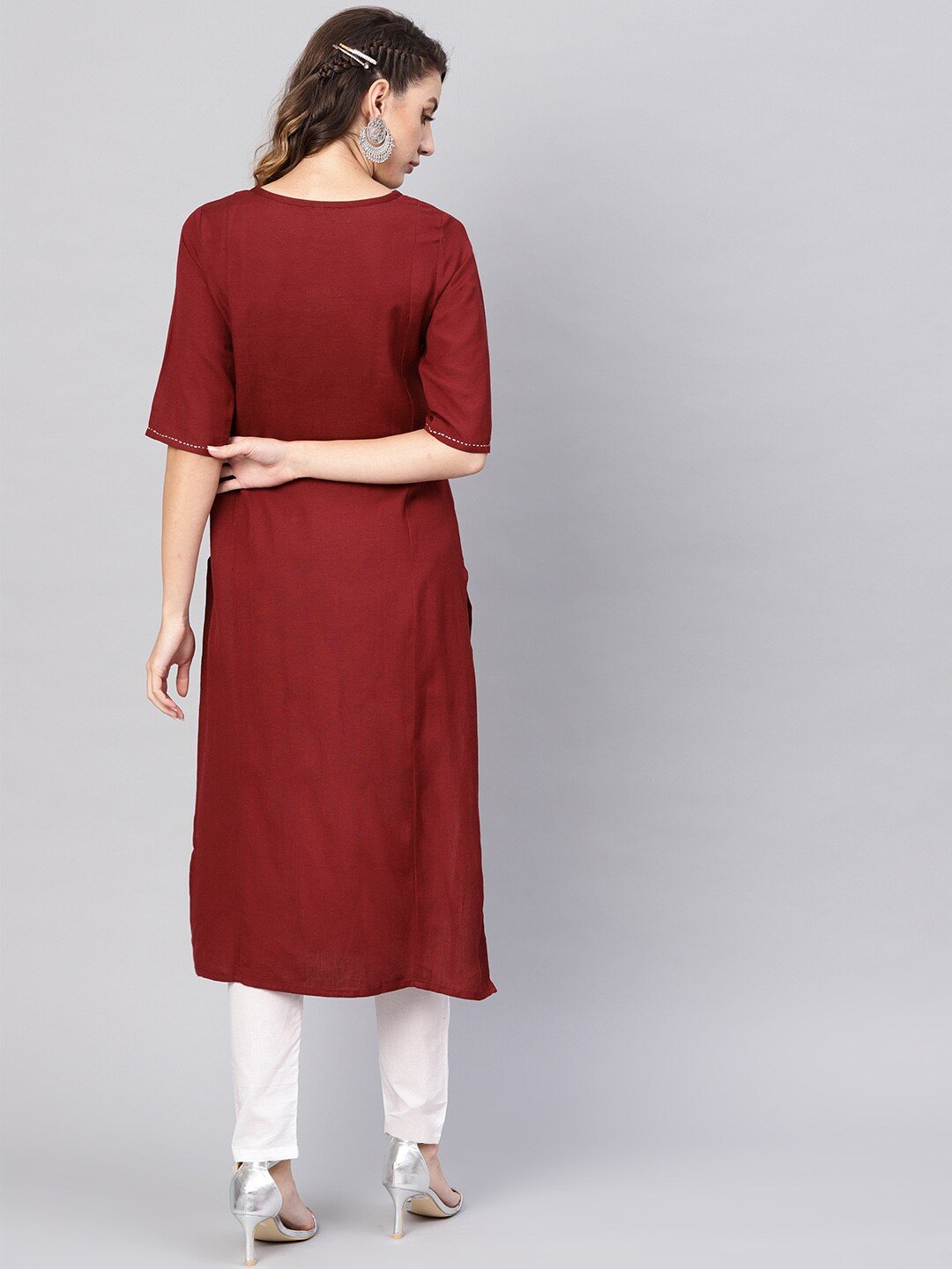 Women's  Maroon Yoke Design Straight Kurta