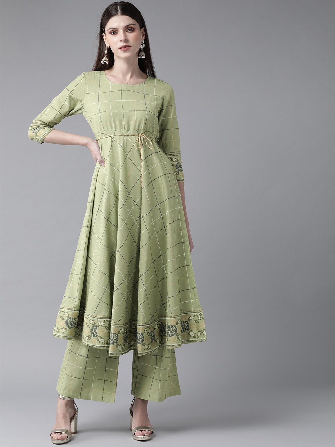 Women's  Green & Golden Checked A-Line Kurta