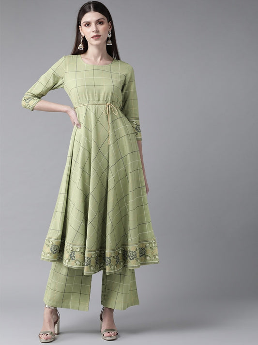 Women's  Green & Golden Checked A-Line Kurta