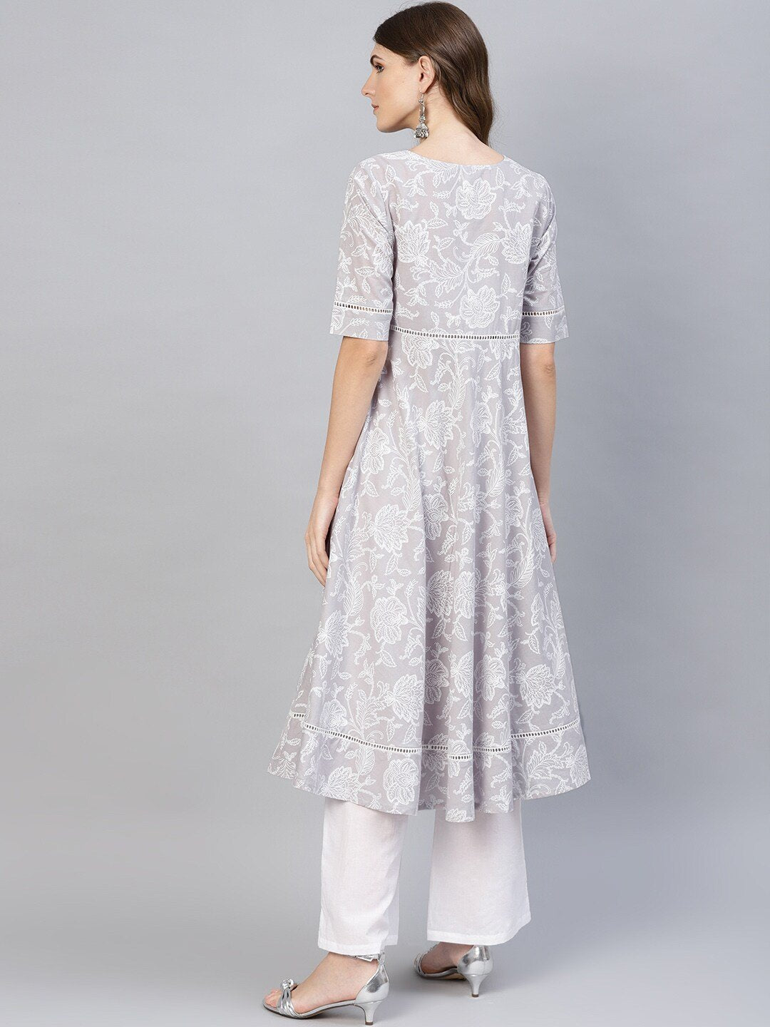 Women's  Grey & White Floral Khari Print A-Line Kurta