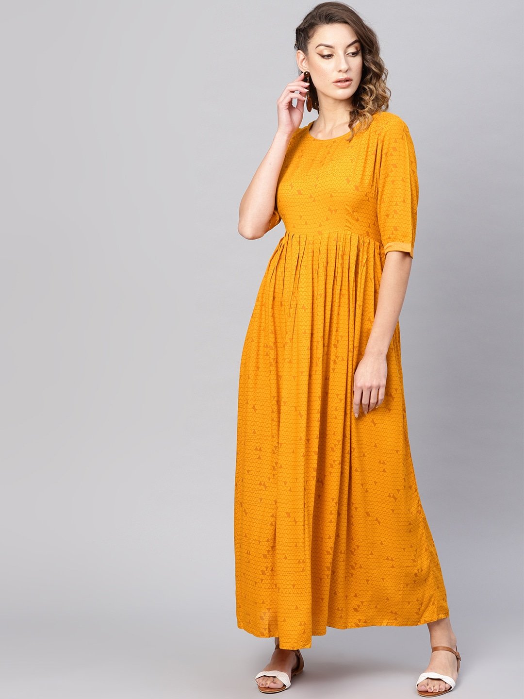 Women's  Mustard Yellow Printed Maxi Dress