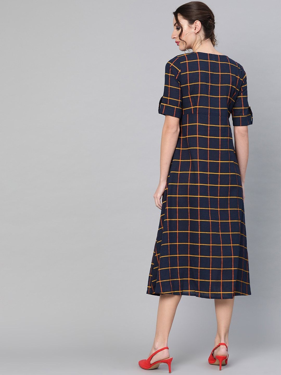 Women's  Navy Blue & Orange Printed A-Line Dress