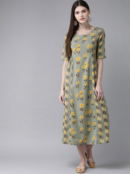 Women's  Green & Yellow Printed A-Line Dress