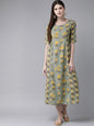 Women's  Green & Yellow Printed A-Line Dress