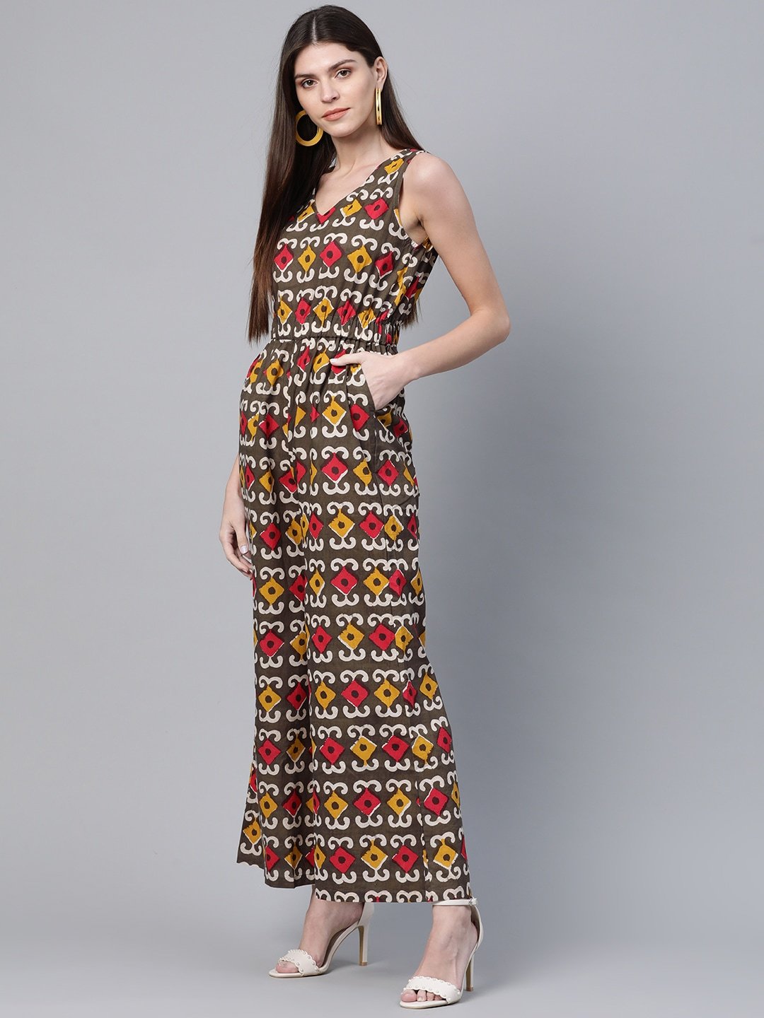 Women's  Olive Brown & Red Printed Basic Jumpsuit