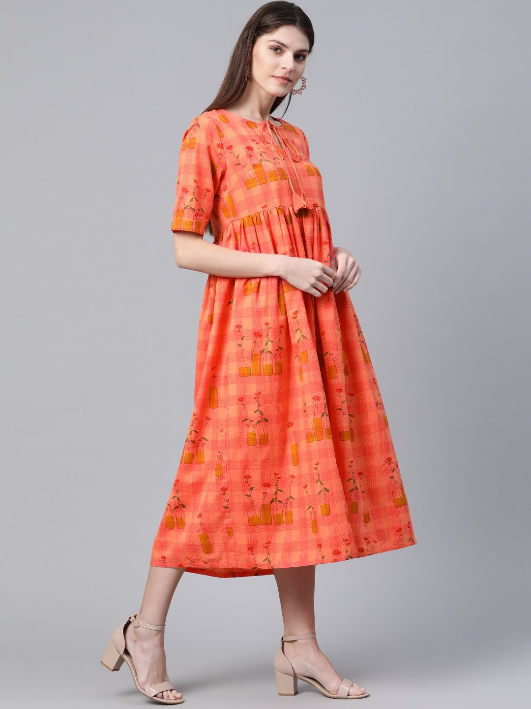 Women's  Peach-Coloured Checked with Conversational Printed A-Line Dress