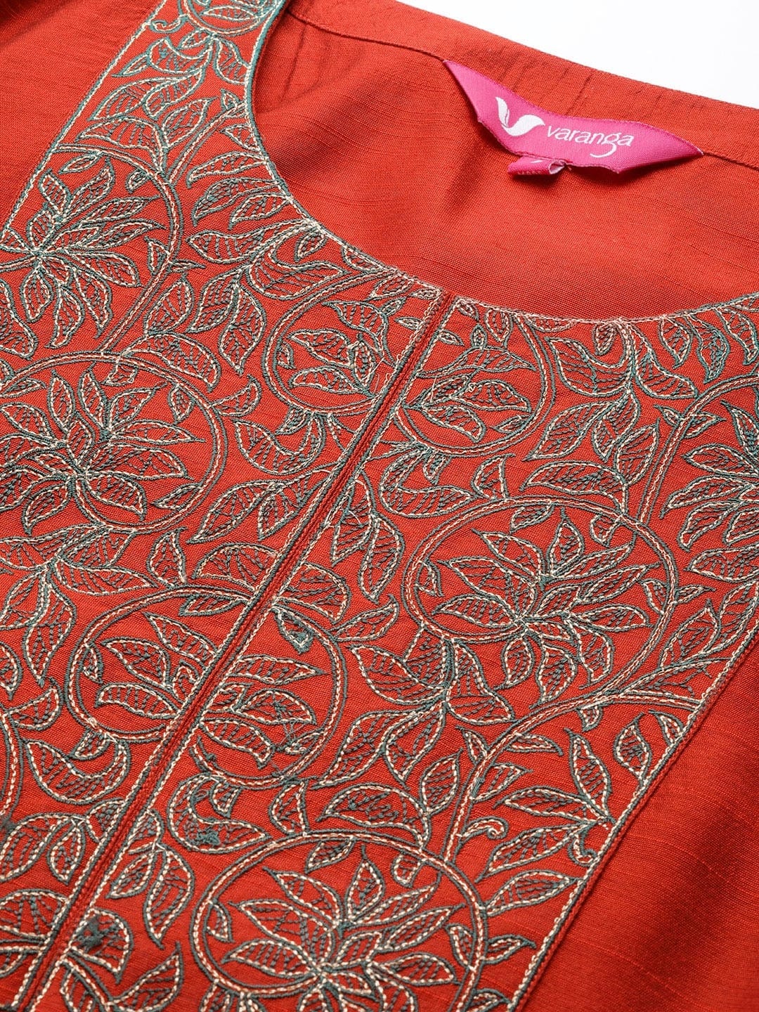 Women's Rust Red & Green Yoke Design Straight Kurta With Zari Detail
