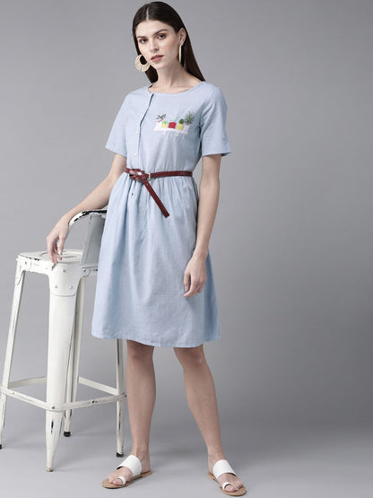 Women's  Blue Embroidered Detail A-Line Dress
