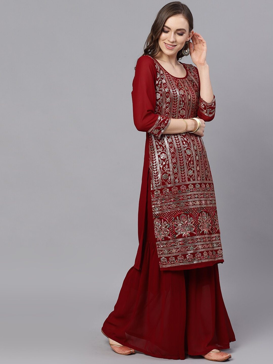 Women's  Maroon & Gold-Coloured Embroidered Kurta with Skirt & Dupatta
