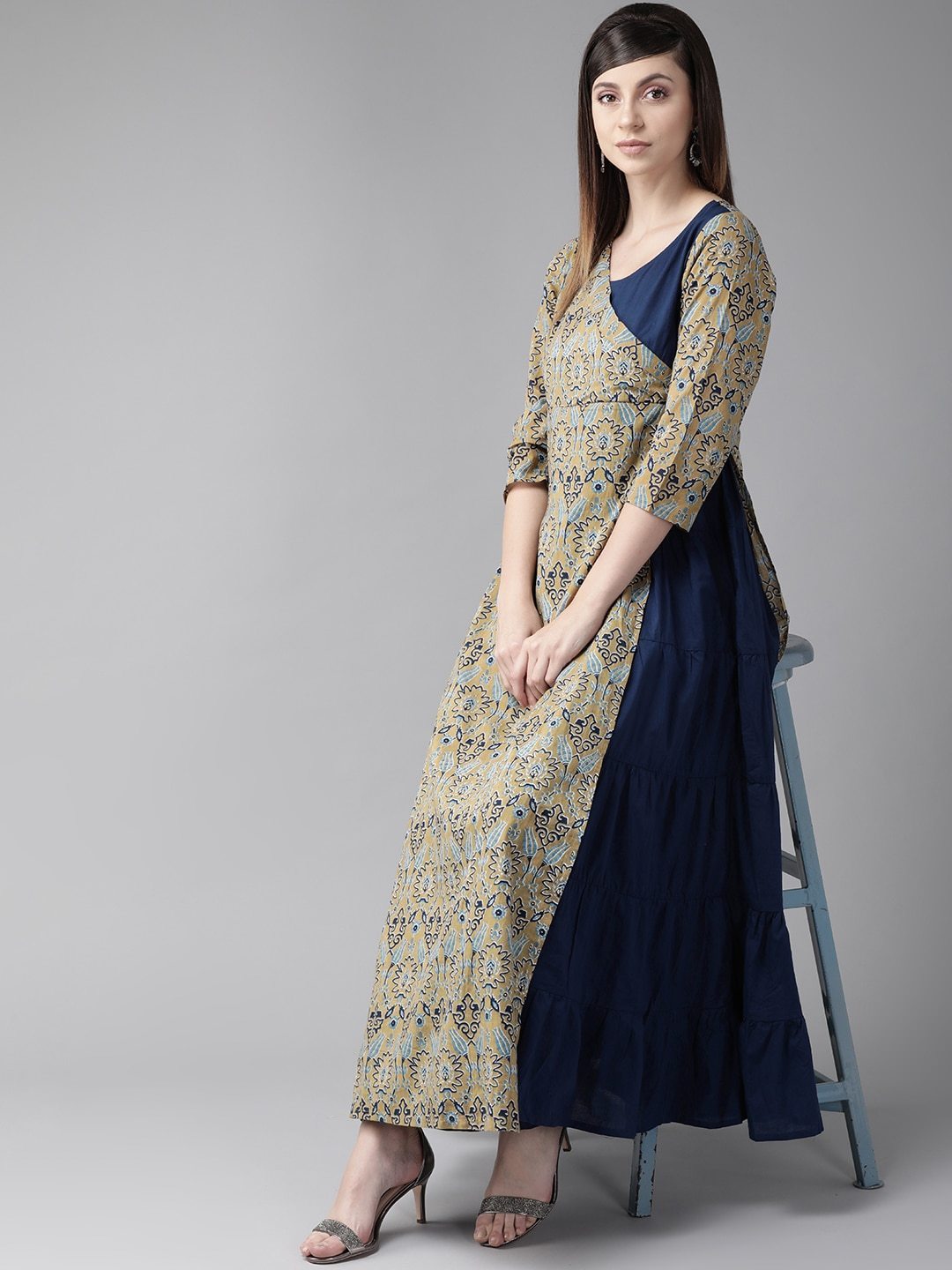 Women's  Navy Blue & Beige Printed Layered Maxi Dress