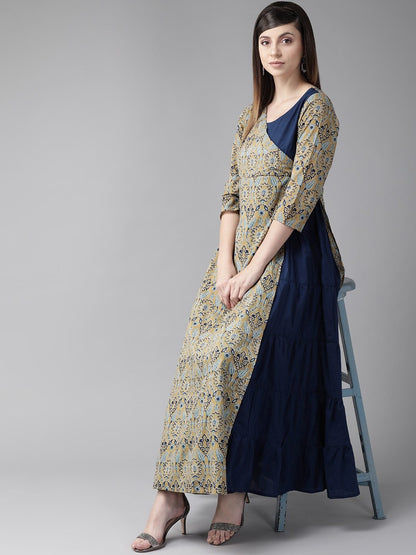 Women's  Navy Blue & Beige Printed Layered Maxi Dress