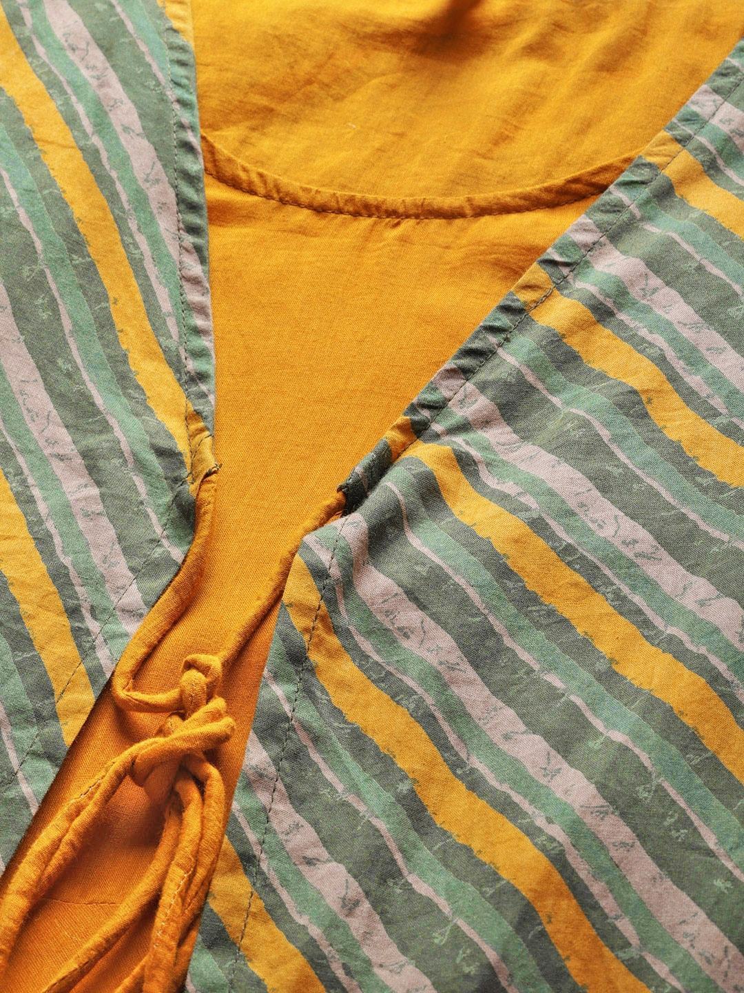 Women's  Green & Mustard Yellow Printed Layered Maxi Dres