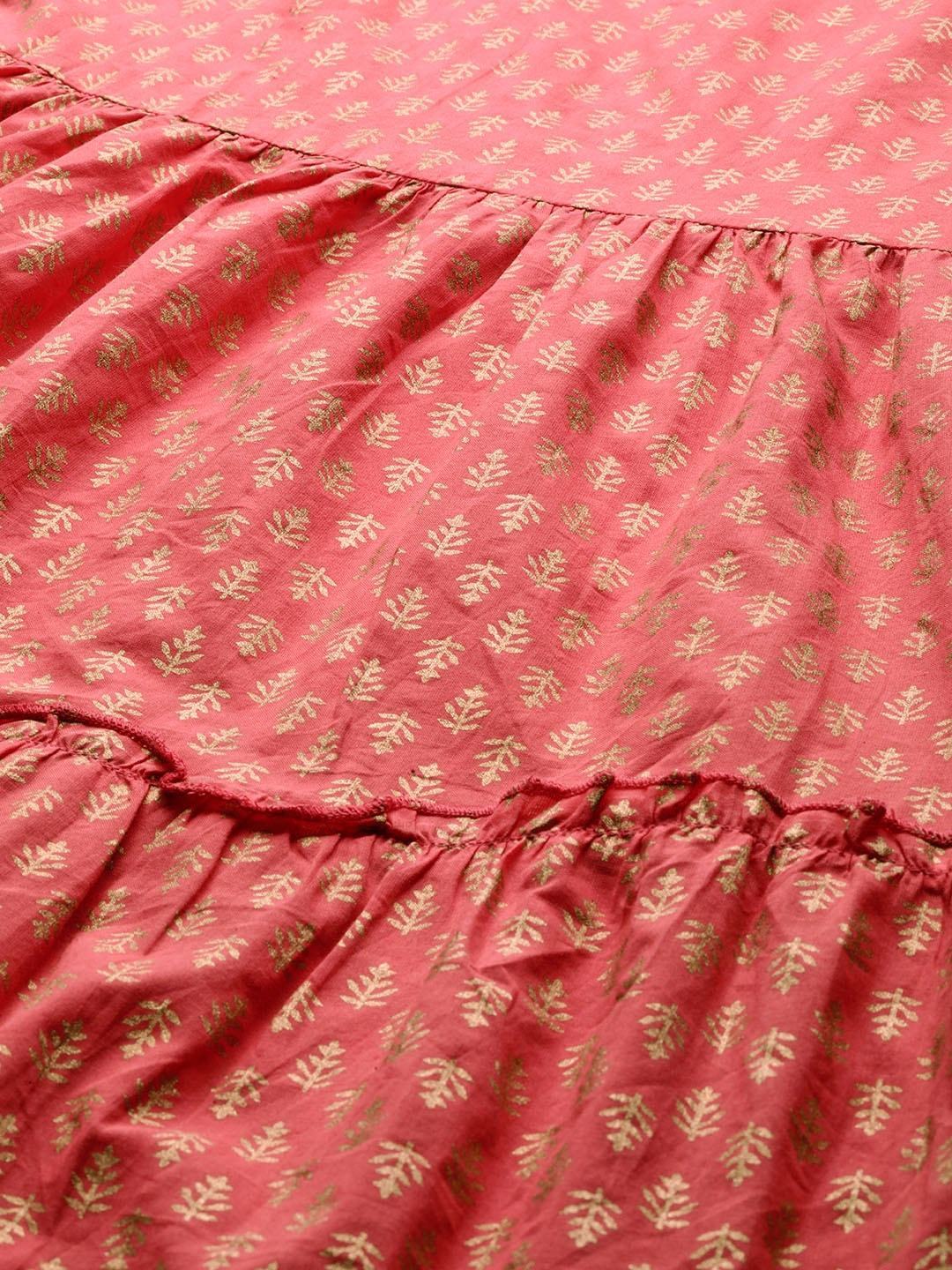 Women's  Pink & Golden Printed Tiered Maxi Dress