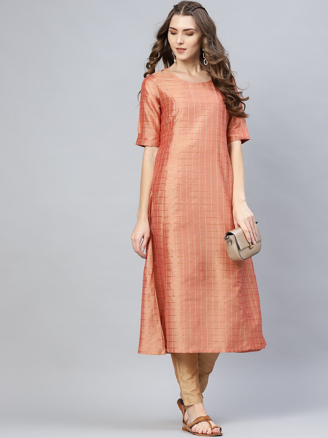 Women's  Peach-Coloured & Golden Checked A-Line Kurta
