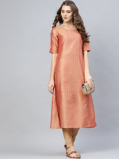 Women's  Peach-Coloured & Golden Checked A-Line Kurta