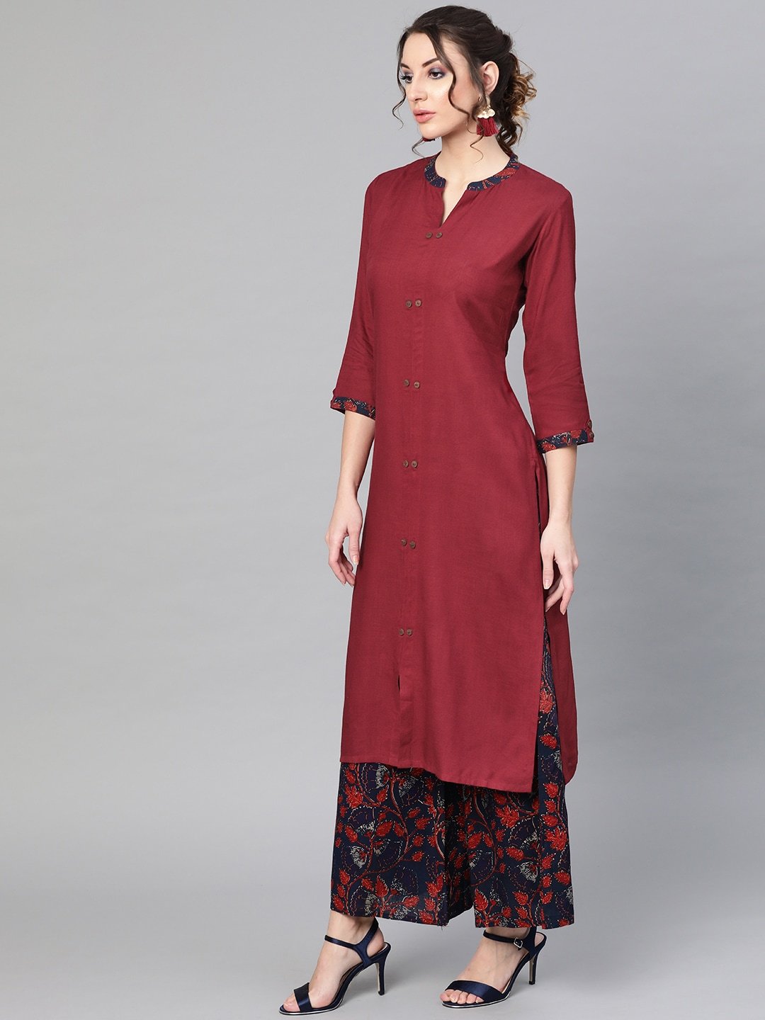 Women's  Maroon & Navy Blue Solid Kurta with Palazzos