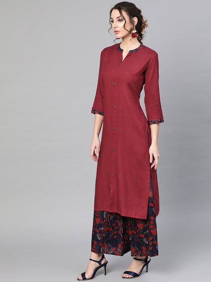 Women's  Maroon & Navy Blue Solid Kurta with Palazzos