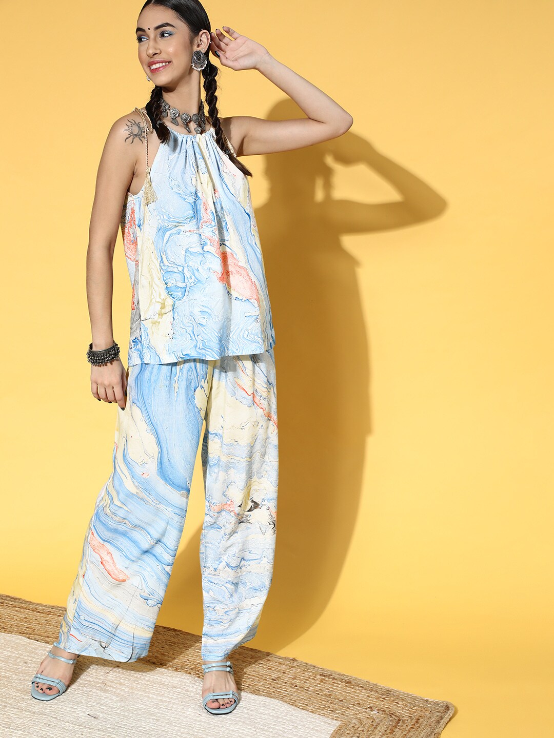 Women's Blue & Yellow Marble Print Top