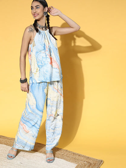 Women's Blue & Yellow Marble Print Top