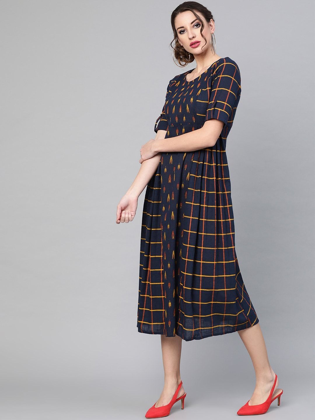 Women's  Navy Blue & Orange Printed A-Line Dress
