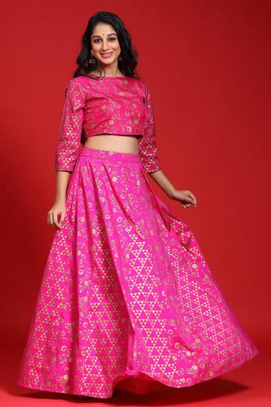 Fuschia Taffeta Silk Foil Print Lehenga Choli Set