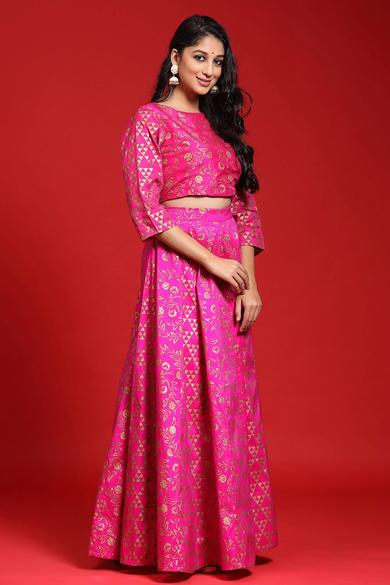 Fuschia Taffeta Silk Foil Print Lehenga Choli Set