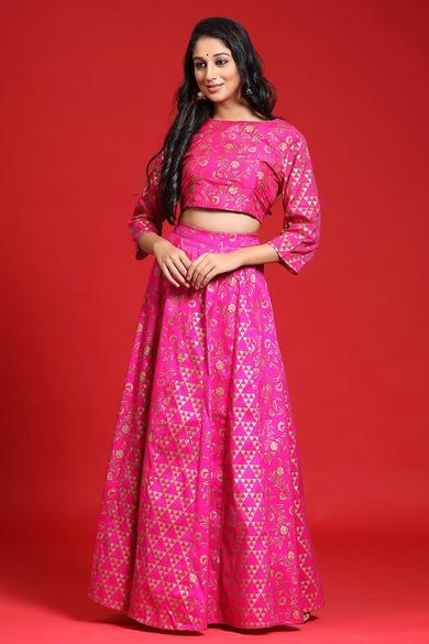 Fuschia Taffeta Silk Foil Print Lehenga Choli Set