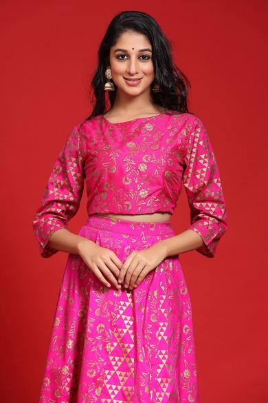 Fuschia Taffeta Silk Foil Print Lehenga Choli Set
