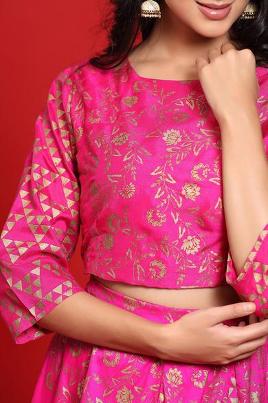 Fuschia Taffeta Silk Foil Print Lehenga Choli Set