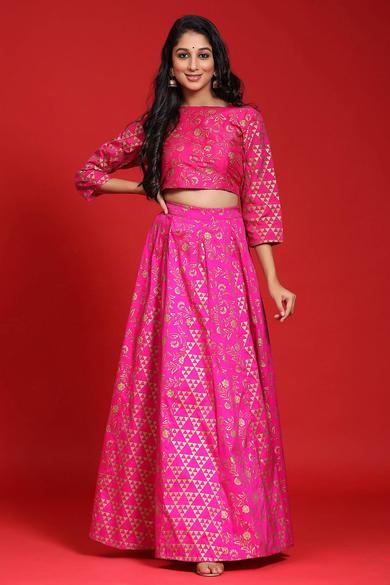 Fuschia Taffeta Silk Foil Print Lehenga Choli Set