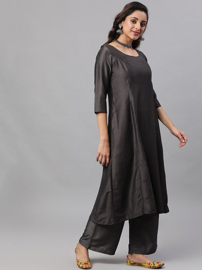 Women's  Black & Mustard Yellow Self Design Kurta with Trousers & Dupatta