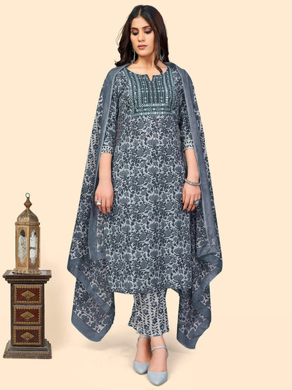 Women's Print & Embroidered Straight Cotton Grey Stitched Kurta Pant With Dupatta