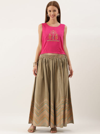 Women's Pink & Golden Embroidered Top with Skirt